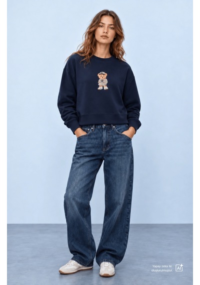 UCLA Cardı Lacivert Baskılı Pamuk Bisiklet Yaka Loose Fit Kadın Sweatshirt