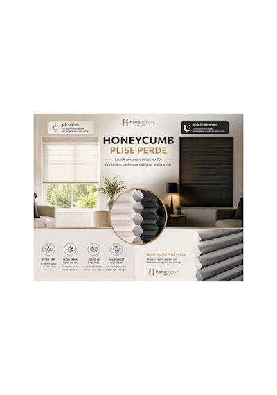 Hanedizayn %100 Blackout Karartma Honeycomb Plise Perde Işık Geçirmeyen Isı Yalıtımlı Perde Ekru Honey01