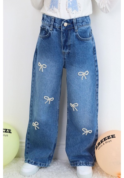 Breeze Kız Çocuk Jean Pantolon İnci Detaylı Fiyonk İşlemeli 5-9 Yaş, Mavi Mavi