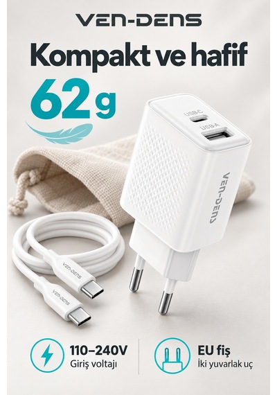 Ven-dens Vd-tc019bac01 20 W Type-c Ve 18 W Usb-a Hızlı Şarj Adaptörü, 1 Metre 60 W Pd Type-c, Beyaz