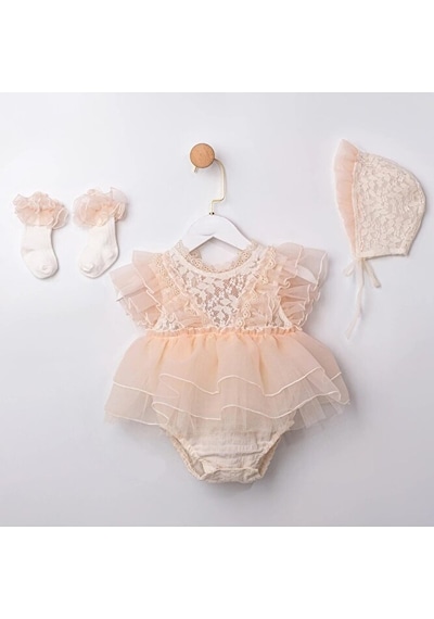 Ministok Helen Sırt Kısmı Fiyonk Bağlamalı Dantelli Kız Bebek 3'lü Romper Takım Çorap-bone-romper Bej
