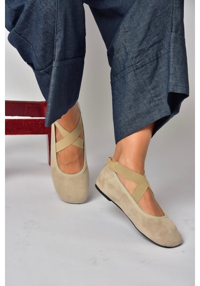 Fox Shoes Z250021002 Vizon Süet Çapraz Lastikli Kadın Babet