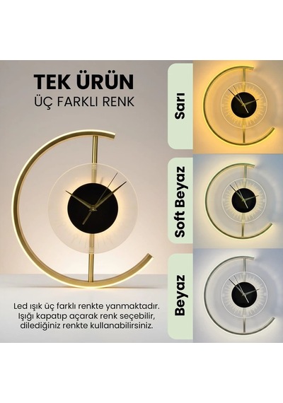 Upway 3 Renk Led Aydınlatmalı 35 Cm Modern Dekoratif Duvar Saati Sessiz Çalışma Altın
