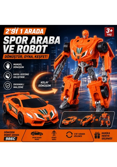 Dönüşen Robot Araba 2'si 1 Arada Spor Araba Ve Robot Oyuncak Manuel Dönüşüm - Turuncu