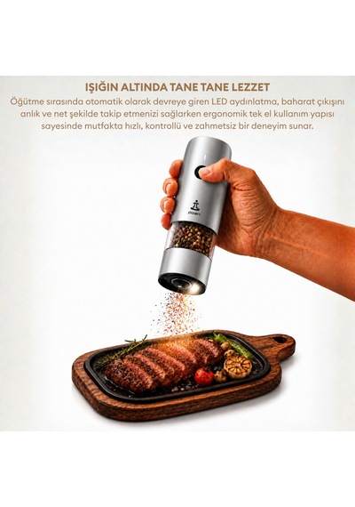 Pizen Windmill Usb Şarjlı Otomatik Baharat Öğütücü Led Işıklı Ayarlanabilir Tuz Karabiber Değirmeni Gümüş