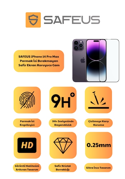 Safeus Tam Kaplayan Parmak İzi Bırakmayan Safir Ekran Koruyucu Cam , Apple Uyumlu iPhone 14 Pro Max İle