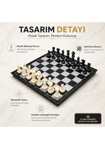 Manyetik Satranç Dama Tavla 3'lü Set 32 Cm Katlanabilir Taşınabilir Zeka Oyunu Eğitici Oyun