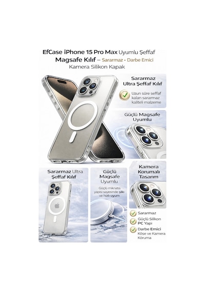 Apple iPhone 15 Pro Max Uyumlu Şeffaf Magsafe Kılıf Sararmaz, Darbe Emici, Premium Silikon Kapak