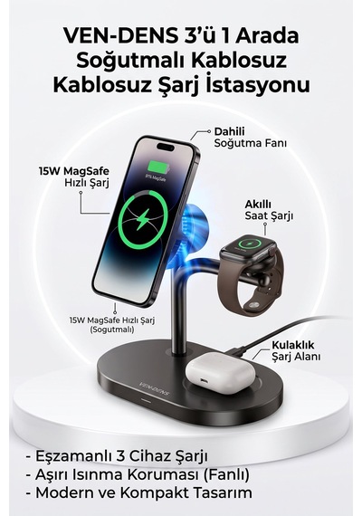 Ven-dens Vd-wlc025 Qi2 25 W 3 Ü 1 Arada Kablosuz Şarj İstasyonu, Telefon, Saat Ve Kulaklık, Siyah