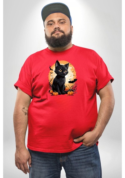 Angemiel Cadılar Bayramı Kedi Kırmızı Büyük Beden Erkek Kadın Unisex Basic Ön Baskılı Tişört Kırmızı