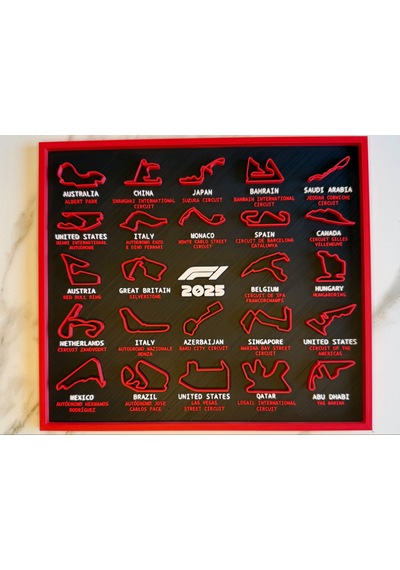 F1 Pistleri 2025 3d Çerçeve - Formula 1 Yarış Pisti 2025 Dekoratif Tablo Siyah
