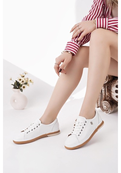 Nesilshoes Modessa 160 Beyaz Bağcıklı Hakiki Soft Deri Kadın Ayakkabı
