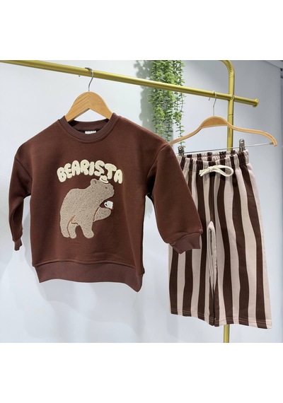 Bearista Ayı Baskılı Sweatshirt Çizgili Eşofman 3ip Alt Üst İkili Takım Kahverengi