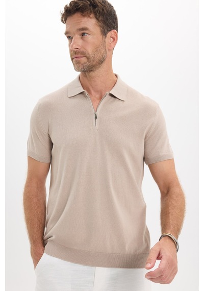 Tudors Erkek Slim Fit Dar Kesim %100 Pamuk Örme Triko Fermuarlı Füme Polo Yaka Tişört-50720