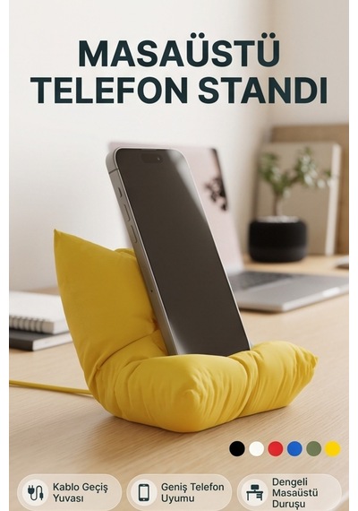 Masaüstü Telefon Standı Yastık Tasarımlı Şarj Girişli Telefon Tutucu Sarı