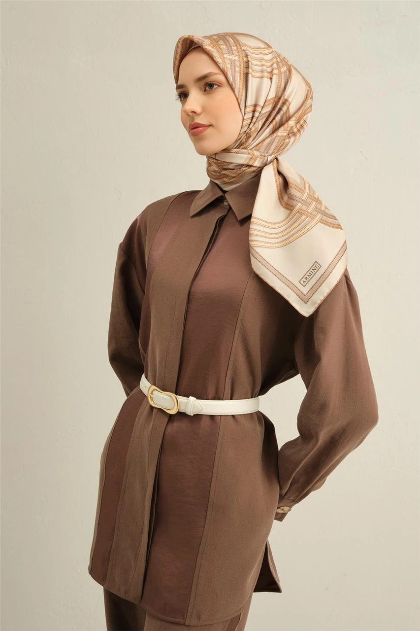 Armine Klasik Desenli Saf İpek Twill Eşarp 9333d 04 BEj