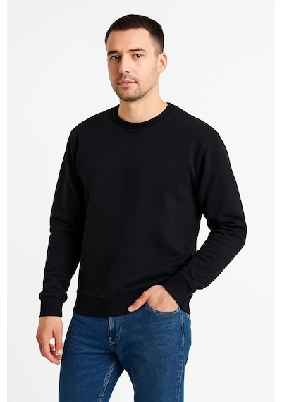 Erkek 3 İplik Pamuklu Düz Bisiklet Yaka Sweatshirt - Siyah