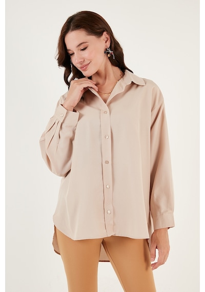 Lela Pamuklu Oversize Dokuma Bayan Gömlek 6234760 Taş