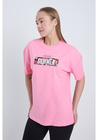Velvoria Oversize Kadın Hello Summer Baskılı Pembe Renk T-shirt