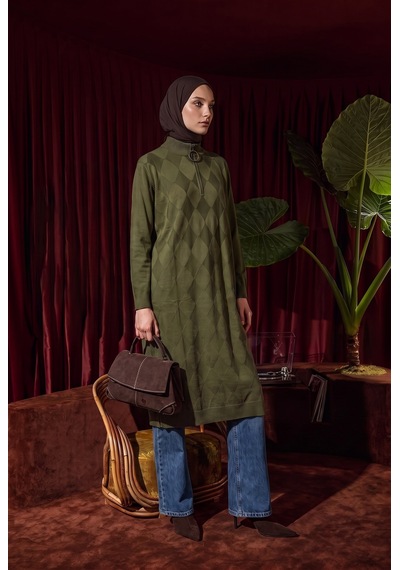 Armine Trend Baklava Desenli Fermuar Yaka Uzun Triko Tunik Haki 25ktd4112