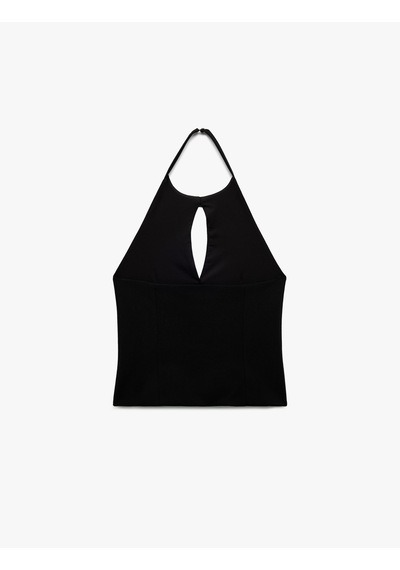 Koton Krep Scuba Kumaş Pencere Detaylı Fiyonklu Halter Yaka Bluz Siyah 5sak10531ek Siyah