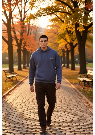 Benerly Erkek Kapüşonlu Düşük Kol Sweatshirt Slogan Nakışlı Fonksiyonel D Indigo