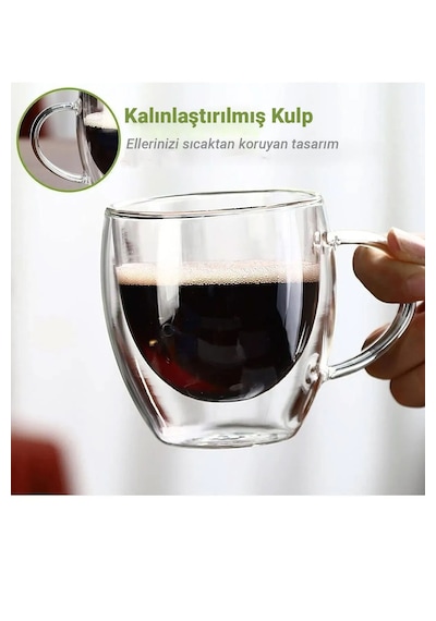 Main 2 Adet 250 Ml Çift Cidarlı Kulplu Cam Çay Kahve Süt Kupa Borosilikat Bardak Şeffaf