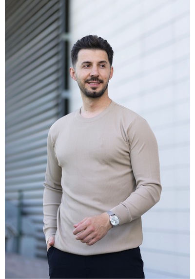 Hk Premium Erkek Fitilli Slim Fit Bisiklet Yaka Triko Kazak Bej