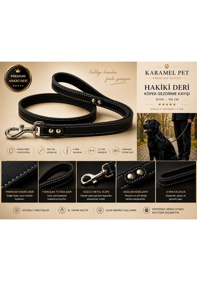 Premium Hakiki Deri Köpek Gezdirme Kayışı Siyah 100 Cm Yumuşak Dolgulu Tutma Saplı