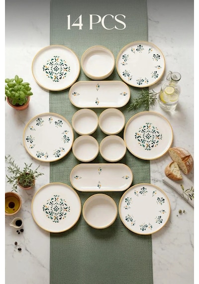 14 Parça 6 Kişilik Sıla Stackable Kahvaltı Takımı - Lüx Kahvaltılık Sunum Seti Tabağı Turuncu Mint
