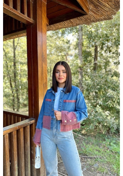 Kadın Mavi & Kırmızı Denim Kontrast Çift Renk Detay, Ön Düğmeli Manşetli, Kot Ceket Mavi