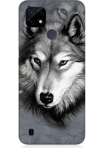 Realme C21 Uyumlu Mavi Gözlü Kurt Desenli Silikon Kılıf