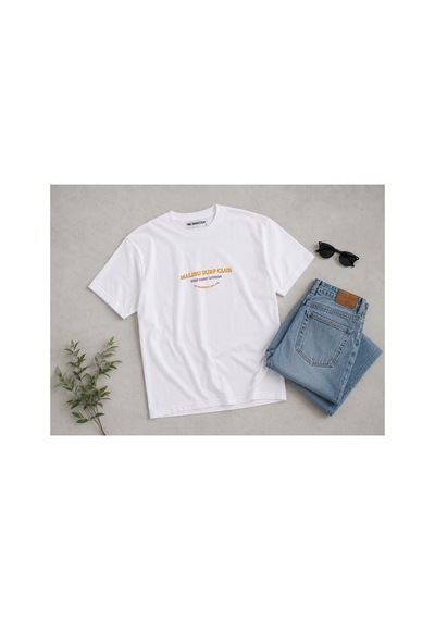 Me Selection Malibu Surf Club Tasarım %100 Pamuk Unisex Basic Tişört Beyaz