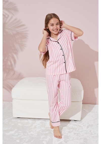 Siyah İnci Pamuklu Likralı Düğmeli Pijama Takım Pembe-beyaz Çizgili