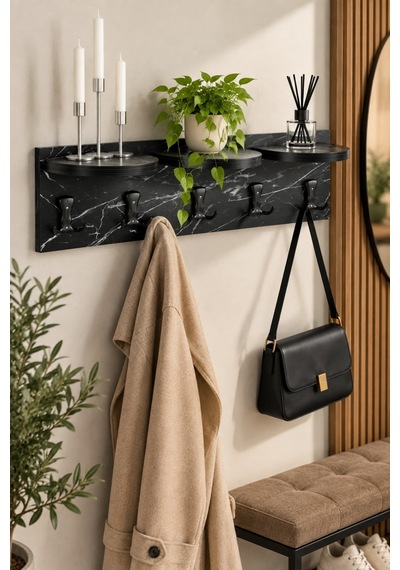 Sulorahome 5'li Duvar Askılığı Ve Raflı Portmanto Siyah Mermer Desenli 80 Cm