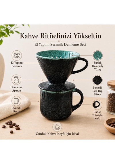 Tr El Yapımı Seramik V60 Dripper, Glossy Black Filtre Kahve Demleme Ekipmanı, Pour Over Kahve Demleme Seti, Barista V Genel