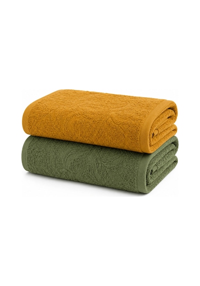 2'li Jakarlı Büyük Boy Banyo Havlusu 90x150 Cm %100 Pamuk Lorea 650 Gr Yeşil-hardal