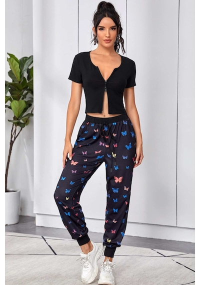 Angbutik Kadın Siyah Çift Fermuarlı Yarım Kol Crop Top Bluz