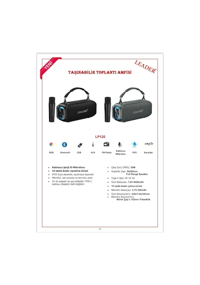 Leader Lp120 Ipx5 Rgb Bluetooth Usb Aux Fm Radyo Kablosuz Mikrofon Taşınabilir Toplantı Amfisi