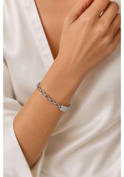 Balenbi Jewelry Kadın Taşlı Oval Halka Detaylı Gümüş Renk Kararmaz Çelik Zincir Bileklik 1096