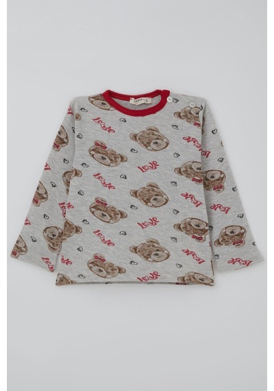Breeze Kız Bebek Pijama Takımı Sevgi Temalı Fiyonklu Ayıcık Desenli 9 Ay-3 Yaş, Açık Gri Melanj Açık Gri Melanj
