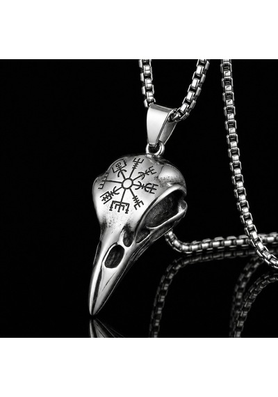 Vegvisir Sembol Paslanmaz Çelik Viking Kuzgun Kurukafa Erkek Çelik Raven Kolye Metalik Çelik