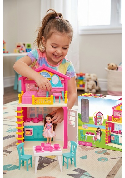 2 Katlı Eşyalı Oyuncak Ev Ve Bebek Seti - Tam Donanımlı Pembe Evcilik Oyun Seti