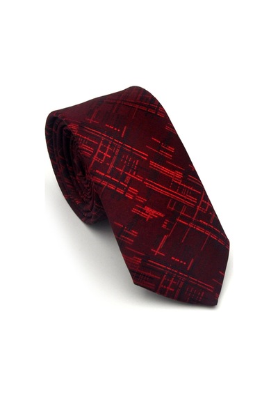 Gaffy Siyah Kırmızı Kırcıl Desenli Bordo Dokuma Kumaş Mendilli Slim Fit Kravat // Sdk-2611-4 Bordo