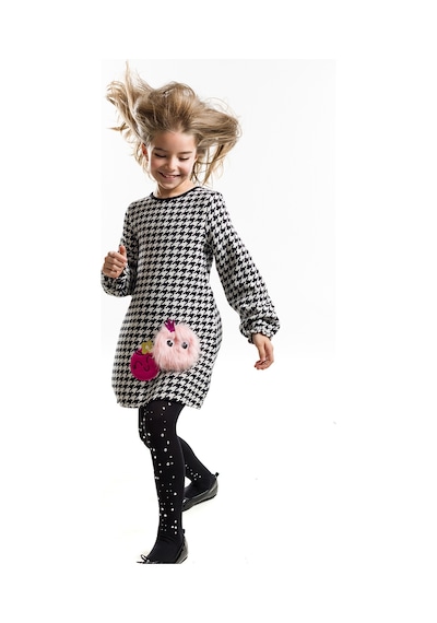 Denokids Kız Çocuk Kışlık Dokuma Siyah Aplikeli Uzun Kollu Elbise 2-8 Yaş