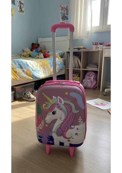 Kız Çocuk Kabin Boy Çekçekli Valiz Pembe Çok Renkli