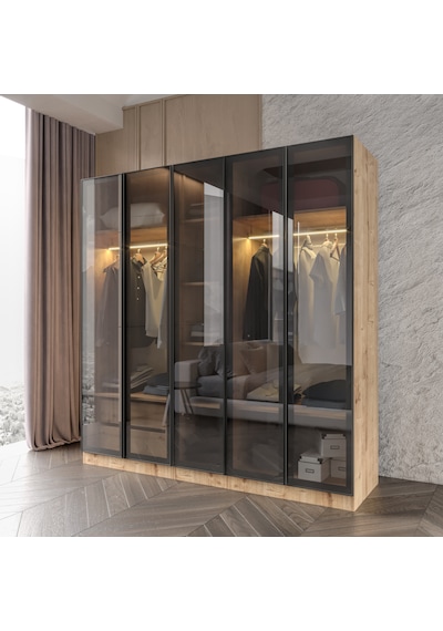 Yıldız Füme Camlı Alimünyum Kapaklı 2 Çekmeceli Giyinme Dolabı Led Askılıklı Tamamı Mdf Safir Meşe