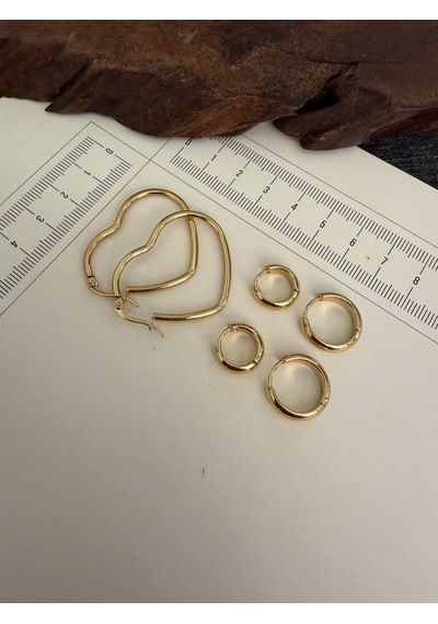 316 L Çerrahi Çelik 6 Lı Kalp Halka Küpe Seti Gold Renk Halka Küpe Çelik Küpe 8-10 Mm Gümüş + Altın