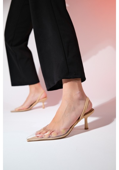 Luvishoes Nelson Bej Şeffaf Kadın Sivri Burun Arkası Açık İnce Topuklu Ayakkabı Bej