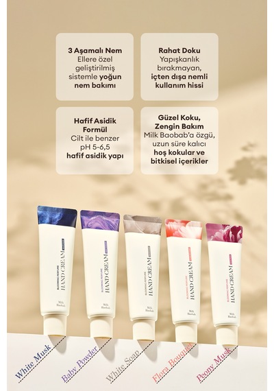 Yaşlanma Karşıtı Yumuşatıcı Parfümlü El Kremi Mılk Baobab Blooming Perfume Hand Cream White Soap